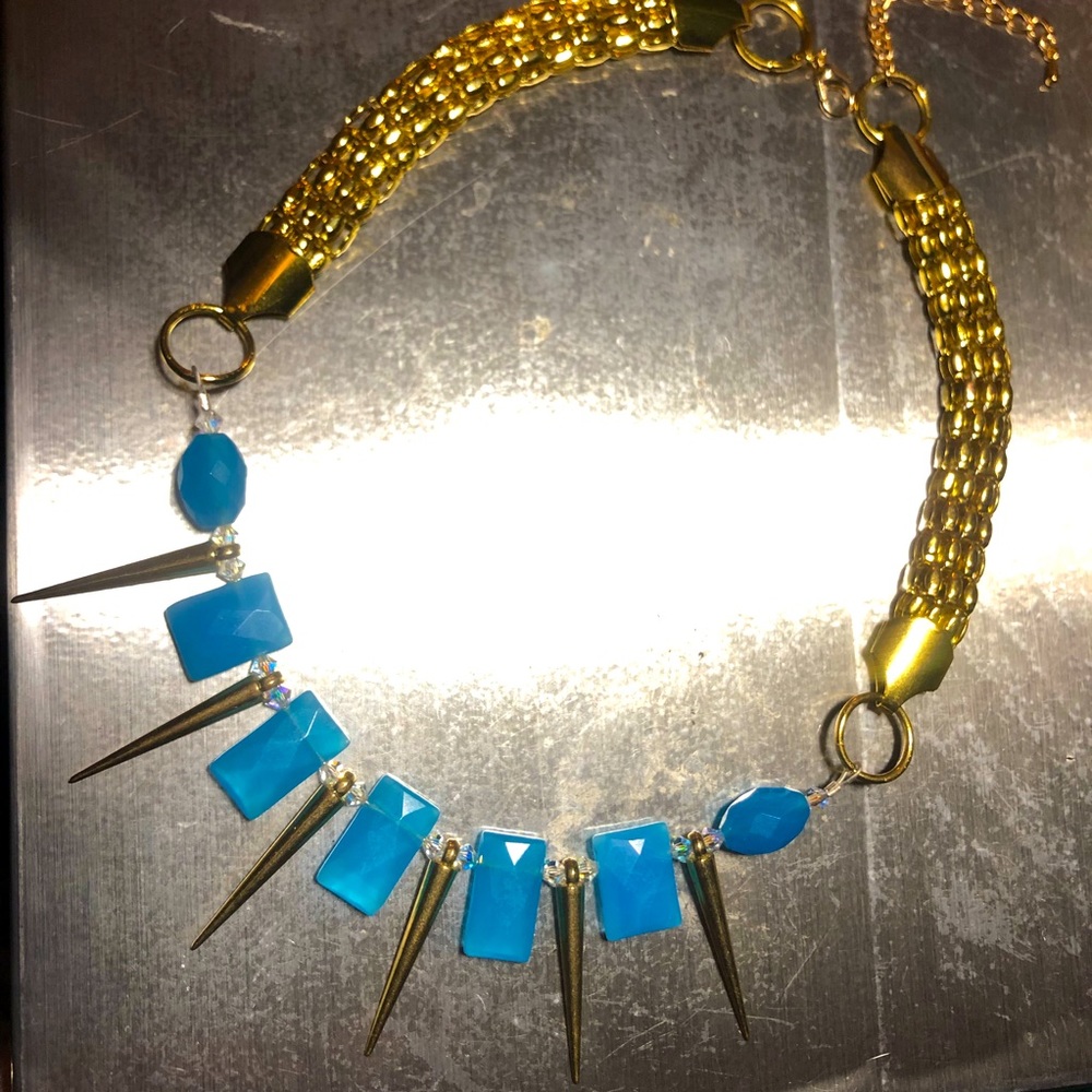 Electric Blue Stone Agate Gold Spike Chunky Chain Necklace Luxury Punk Goth